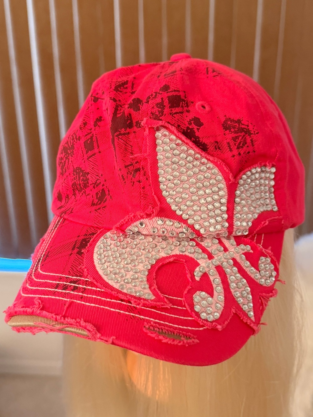 Pink Rhinestone Distressed Fleur-de-Lis Baseball Cap